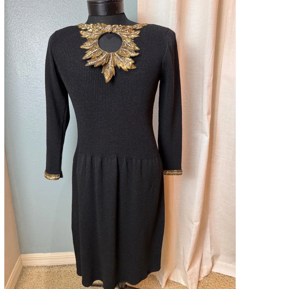 VTG‎ 80 DON SAYRES Black Knit Beaded Statement Neckline Long Sleeve Midi Dress 6